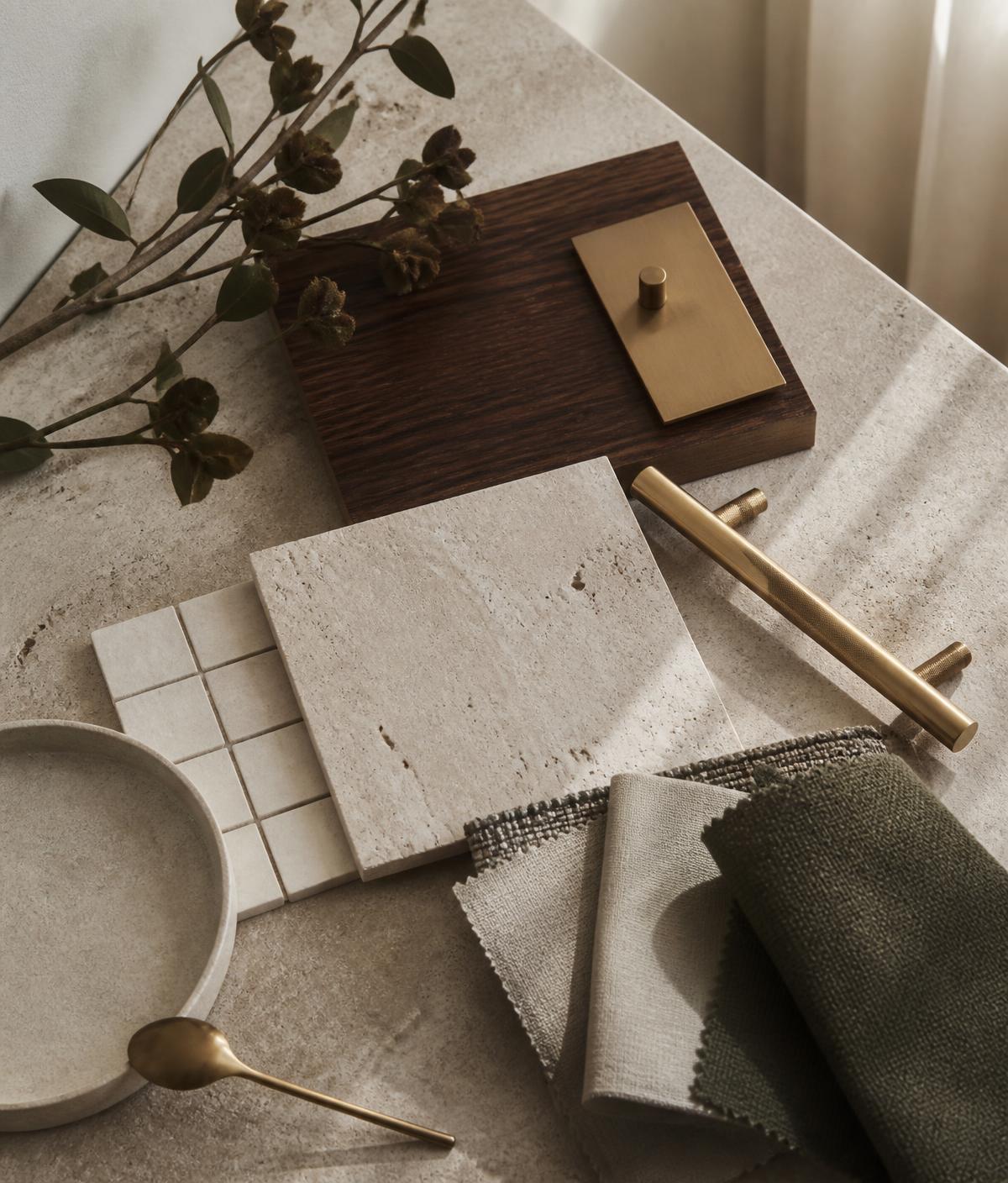 Interior materials, tiles, timber and fabric selections on a stone bench